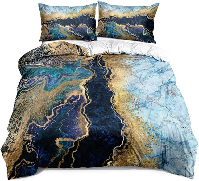 Royal Blue Marble Duvet Cover Set Queen Size Sequin Gold Bedding Comforter Covers with 2 Pillow Shams Breathable Durable Soft Comfy