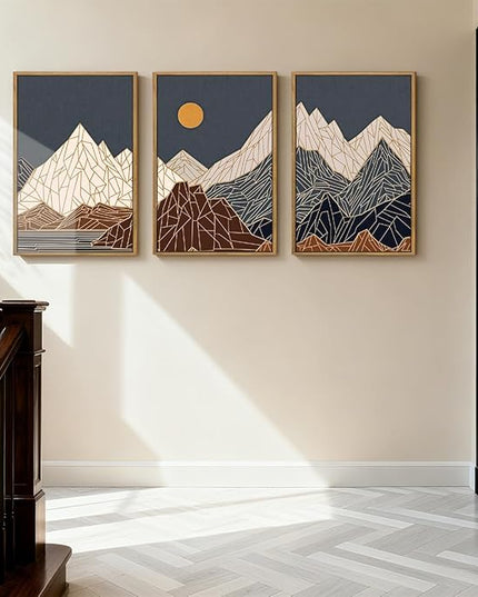 ANHUIB Farmhouse Mountain Wall Art Geometric Mountain Range Wood Wall Decor for Living Room Bedroom Office 16x24 Inch Set of 3