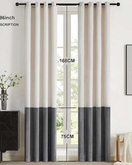 BULBUL Color Block Window Curtains Panels 96 inches Long Cream Ivory Grey Velvet Farmhouse Drapes for Bedroom Living Room Darkening Treatment with Grommet Set of 2
