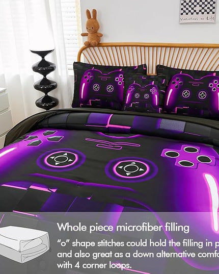 PERFEMET 6 Pieces Bed in A Bag Gamer Comforter Set Queen Size Purple Gaming Bedding Set for Boys Kids Teen Soft Lightweight Video Game Black Quilt Bedspread Set(Purple, Queen)