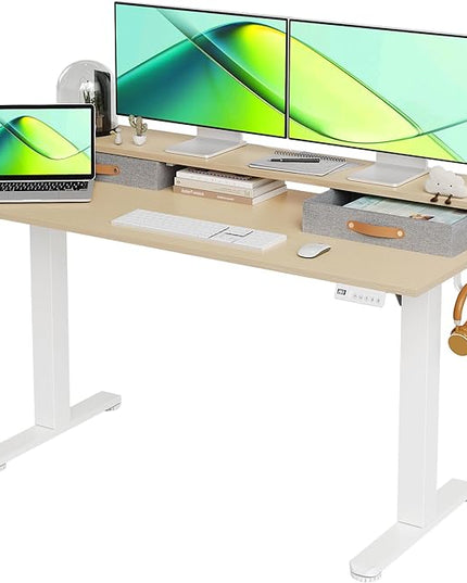 Claiks Electric Standing Desk with 2 Drawers, Adjustable Standing Desks with Storage, Height Adjustable Stand up Desk for Home Office with 2 Hooks,55 Inch Natural