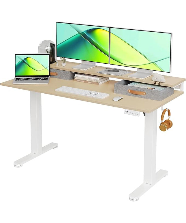 Claiks Electric Standing Desk with 2 Drawers, Adjustable Standing Desks with Storage, Height Adjustable Stand up Desk for Home Office with 2 Hooks,55 Inch Natural
