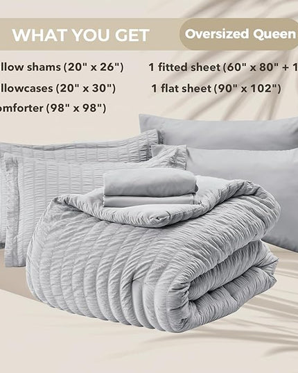 HYMOKEGE Light Grey Oversized Queen Comforter Set Seersucker 7 Pieces, All Season Luxury Bed in a Bag for Bedroom, Bedding Set with Comforter, Sheets, Pillowcases & Shams