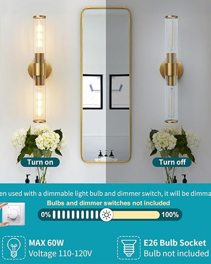 Gold Bathroom Light Fixtures 2 Pack, Vanity Lights for Mirror with Threaded Glass Shade, 20 Inch Up and Down Wall Sconces for Bathroom Bedroom Living Room Hallway - Bulb Not Included