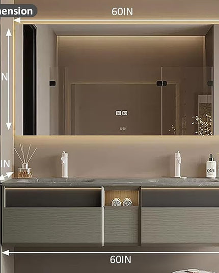 60IN Wood Bathroom Vanity - Double Sink Bathroom Vanity with Sink | Includes LED Intelligent Defogging Mirror Cabinet, 3 Drawers | Intelligent Induction Light & Integrated Double Sinks, Grey