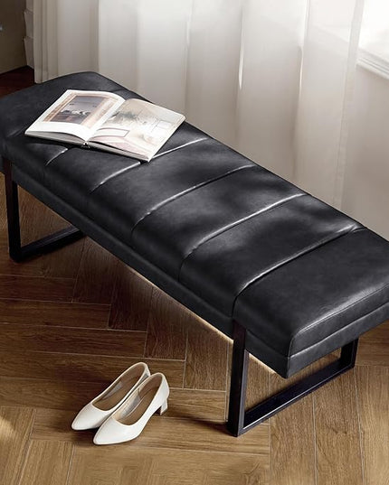 HULALA HOME 53" Faux Leather Entryway Bench, Button Tufted End of Bed Bench Ottoman for Bedroom, Living Room with Metal Base,Black