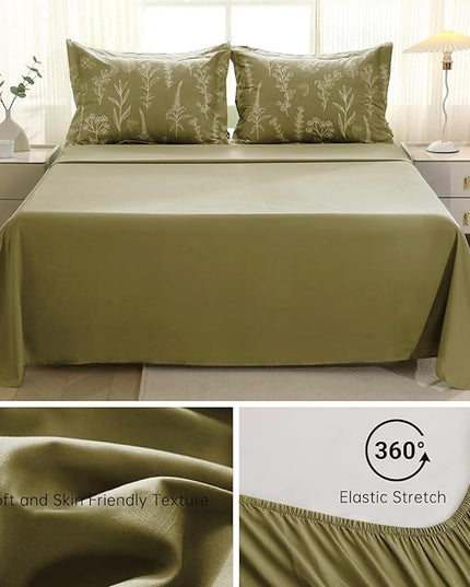 MUXHOMO Olive Green Full Comforter Set, Elegant Floral Print Bed in a Bag 7 Pieces, Ultra Soft & Breathable Reversible Botanical Pattern Bedding Set with Comforter, Sheets, Pillowcases, and Shams