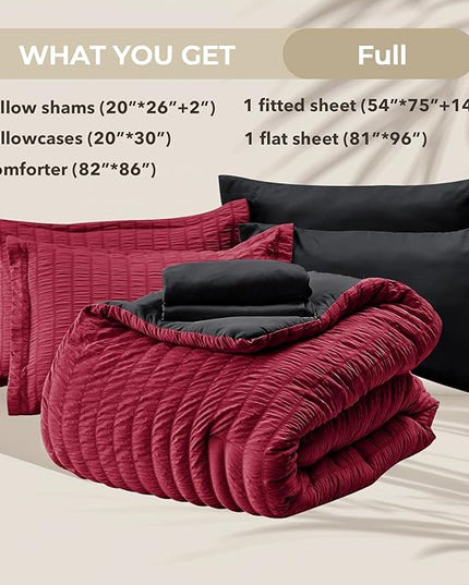 HYMOKEGE Red & Black Full Size Comforter Sets Seersucker 7 Pieces, All Season Luxury Bed in a Bag for Bedroom, Bedding Set with Comforters, Sheets, Pillowcases & Shams
