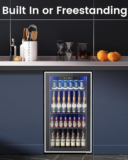 26 Bottle Wine Cooler 130 Can Beverage Refrigerator, Small Freestanding Cabinet Wine Cellar with 40℉-61℉ Temperature Control Glass Door, Black