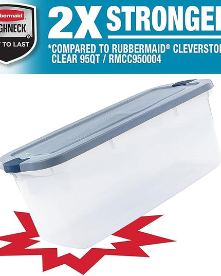 Rubbermaid Roughneck Clear 95 Qt/23.75 Gal Storage Containers, Pack of 4 with Latching Grey Lids, Visible Base, Sturdy and Stackable, Great for Storage and Organization