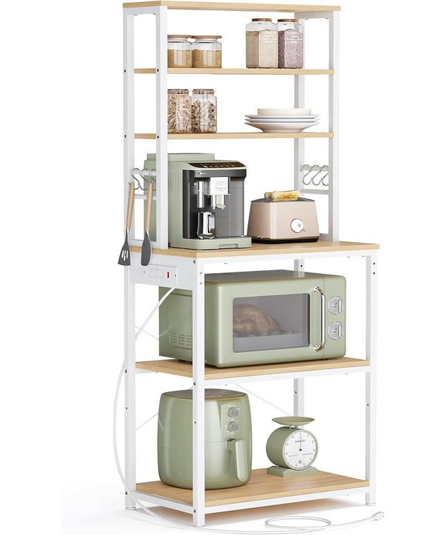 VASAGLE Bakers Rack with Power Outlet, 23.6 Inches Coffee Bar for Kitchen with Storage, 6-Tier Kitchen Shelves with 6 Hooks, Microwave Stand, Industrial, Golden Oak and Cloud White UKKS124Y03