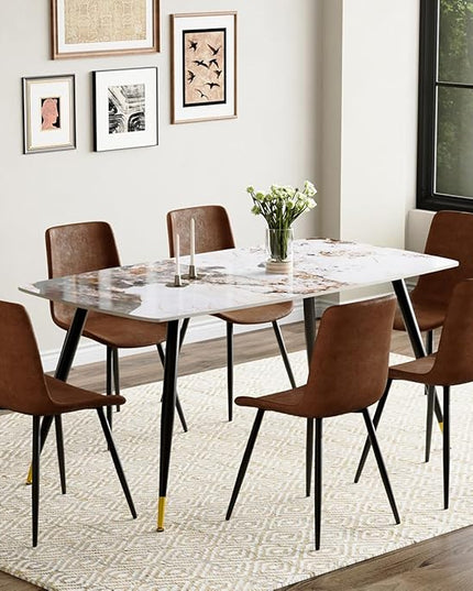 7 Piece Dining Table Set, 62'' Sintered Stone Dinner Table Set for 6, 6 Chair Dining Table Set, Easy to Assemble