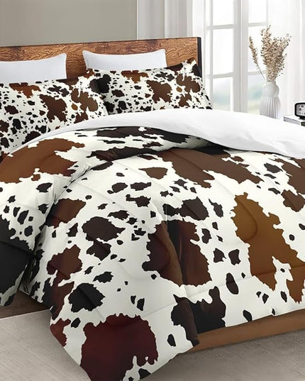Queen Size Comforter Set with 2 Pillowcases, Vintage Cow Brown Cowhide Animal Soft 3 Pcs Bedding for Kids and Adults Bedroom Bed Decor