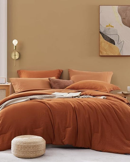 WRENSONGE Twin Comforter Set- 5 Pieces Burnt Orange Bed in a Bag, All Season Twin XL Bedding Sets with 1 Fitted Sheet, 1 Flat Sheet, 1 Pillow Sham and 1 Pillowcase