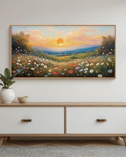 HOURIA Watercolor Sunset Floral Meadow Landscape Framed Canvas Wall Art Set,Boho Vibrant Colorful Wildflower Decor,Modern Nature Inspired Scenery Artwork for Living Room,Bedroom,Farmhouse-20 x40 x1