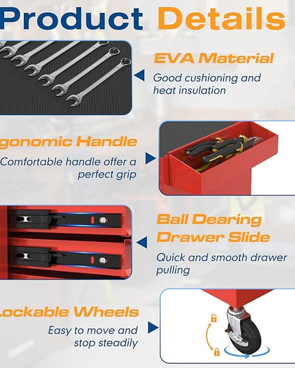 5-Drawers Tool Chest, 2-in-1 Rolling Tool Box with Wheels and Drawers, Detachable Storage Toolbox with Lock, Heavy-Duty Metal Tool Cart for Garage, Workshop (Red)