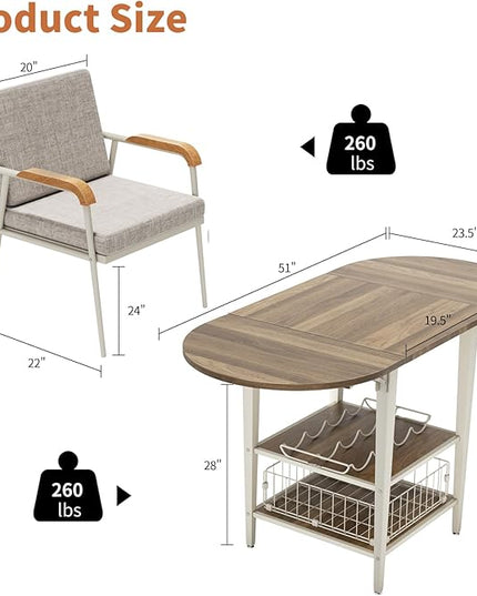 VFK 3 Piece Dining Table Set, 51 Inch Modern Kitchen Folding Breakfast Table with Right Seat Storage Corner Stools and Dining Chairs for Home Dining Room Furniture