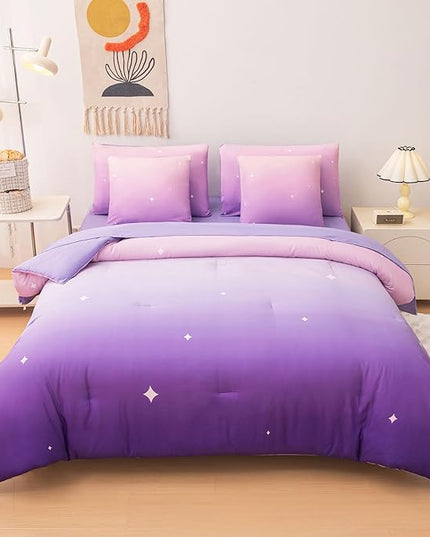 Rainbow Bedding Set Full Size – 7 Piece Reversible Girls Comforter with Deep-Pocket Sheet, Gradient Galaxy Design, Whole-Piece Filling, Machine Washable Bed-in-a-Bag for Kids Room Makeover & Gifts