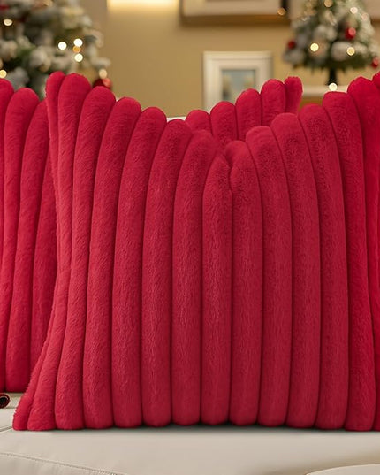 decorUhome Faux Fur Spring Throw Pillow Covers 20x20 Set of 2, Decorative Soft Plush Striped Neutral Couch Euro Pillow Covers with Velvet Back for Sofa, Bed, Living Room Home Decor, Red