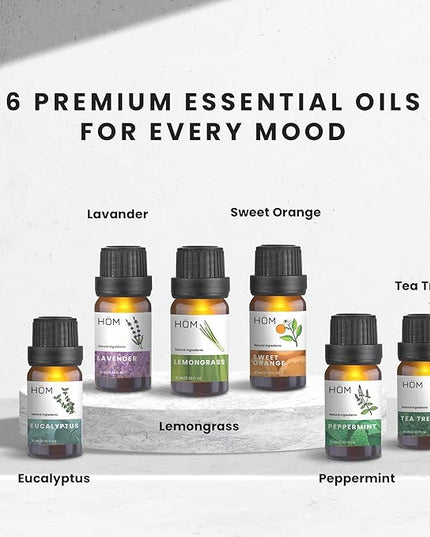 HOM Smart Aromatherapy Diffuser Set with 6 Essential Oils (10ml Each) - 400 ml Ultrasonic Essential Oil Diffuser with 7 Interchangeable LED Colors - Set Schedule and Customize Mood via Phone App