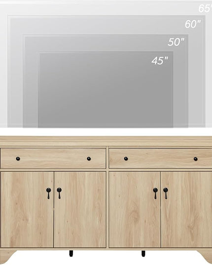 WAMPAT Buffet Cabinet with 4 Doors and 2 Drawers, 59" W Farmhouse Sideboard Cabinet with Storage, Wood Kitchen Storage Cabinets Coffee Bar Table for Dining Room & Living Room, Oak
