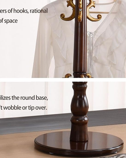 Coat Rack Freestanding, Wooden Coat Tree with Stable Round Base, Vintage Heavy Duty Coat Rack Stand with 14 Hooks, Coat Hanger Stand for Bedroom, Office, Entryway (Vintage)