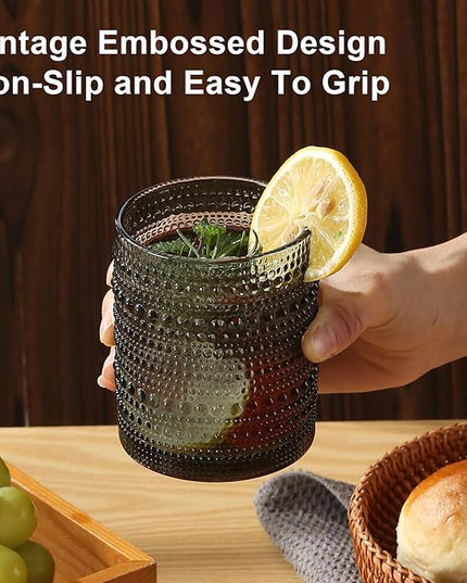 Vintage Glassware Drinking Glasses Set of 12,Grey 12oz & 15oz Hobnail Glass Cups,Embossed Water Tumbler,for Beer,Cocktail,Whiskey,Juice and Various Mixed Drinks- 1 Cleaning Brush