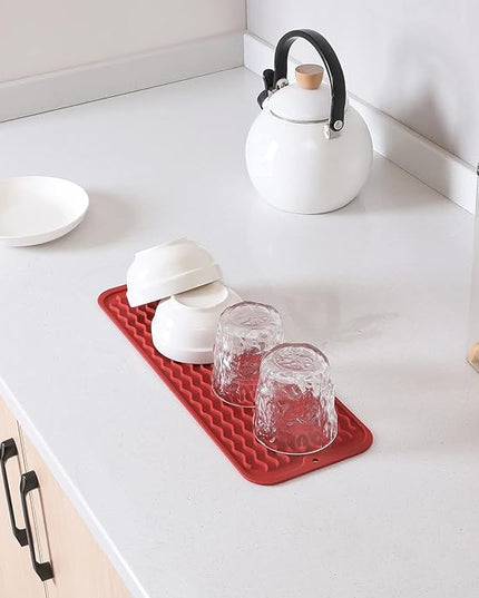 Silicone Dish Drying Mat for Multiple Usage,Easy clean,Eco-friendly,Heat-resistant Silicone Mat for Kitchen Counter,Sink,Bar,Bottle,or Cup Red M 17 inches x 6 inches