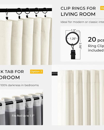 INOVADAY 100% Blackout Curtains for Bedroom, Black Out Curtains 72 Inch Long, Clip Rings Linen Blackout Drapes, Thermal Insulated Room Darkening for Living Room, 2 Panels - Lightcream,W50xL72