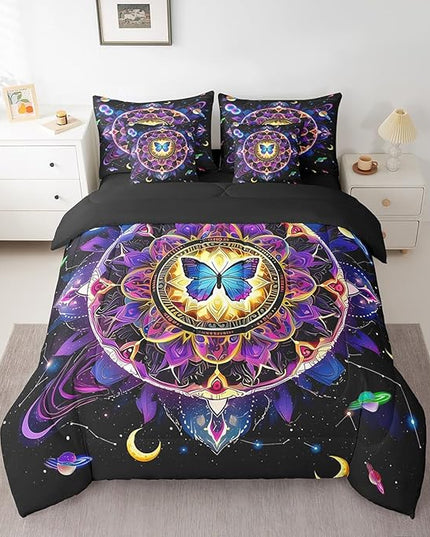 Feelyou Sun and Moon Kids Comforter Set 7 Pieces, Yoga Chakras Bedding Queen with 1 Comforter,1 Fitted Sheet,1 Flat Sheet,2 Pillowcases,2 Throw Pillow Cover, Boho Mandala Bed Set for Boys Girl