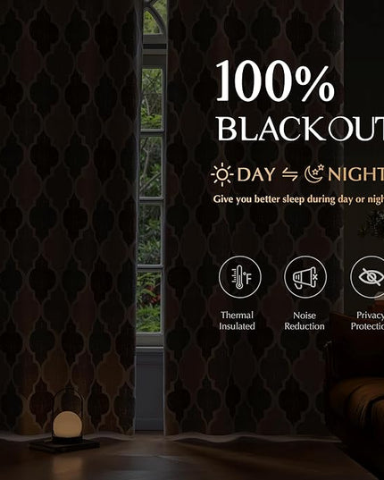 Beauoop 100% Blackout Curtains 96 Inches Long 2 Panels for Bedroom Living Room Brown Grey Moroccan Geo Room Darkening Thermal Insulated Soundproof Grommet Top Window Treatments Drapes, 50x96 Set of 2
