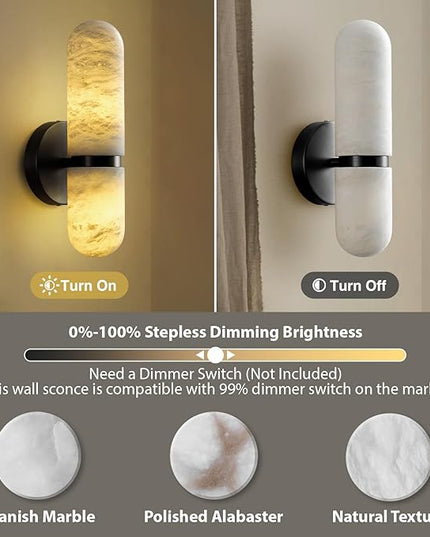 Alabaster Wall Sconces Set of Two, 13in Black Alabaster Sconce, Modern Spanish Natural Marble Sconces Lights, Sconces for Bathroom Vanity Bedroom Living Room Staircases Hallway