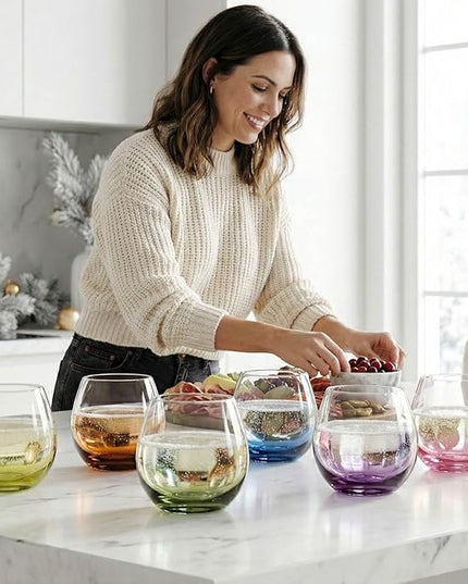 ColoVie 15oz Stemless Wine Glasses Set of 6, Lead-Free Crystal Colored Gradient Wine Glass, Iridescent Ombre Glassware for Red & White Wine, Unique Housewarming & Birthday Gifts for Women