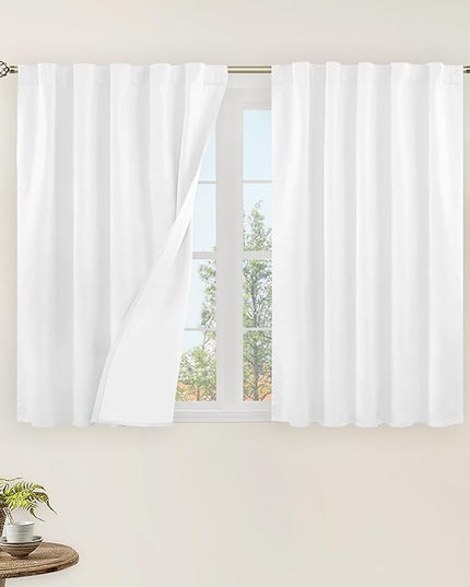 LAMIT 100% Blackout White Linen Curtains, 40 Inches Linen Textured Thermal Bedroom Curtains Back Tab and Rod Pocket Neutral Panels with White Liner for Farmhouse, 2 Panels, 42 x 40 Inch