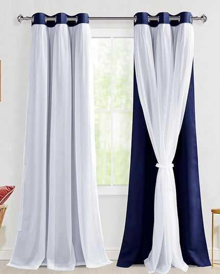 Hiasan Blackout Curtains with White Sheer Overlay, Mix & Match Double Layer Thermal Insulated Grommet Top Window Curtains for Bedroom, Living Room, 2 Drape Panels with Tiebacks,Navy Blue,42W X 96L