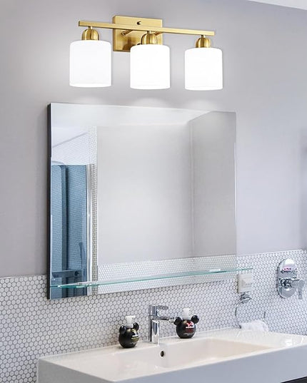 3 Light Gold Bathroom Light Fixtures, Modern Bathroom Vanity Lights with Milky White Frosted Glass Shades, Gold Vanity Mirror with Lights for Mirror Living Room E26 Base