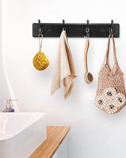 Wooden Coat Rack, Wall-Mounted Organizer for Closet, Entryway, Hallway, Foyer, Bedroom, Heavy Duty Double Hooks for Hanging Towels, Bags, Hats, Jackets, Key (Black, 4 Hooks)
