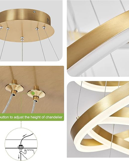 2-Rings Modern LED Chandelier Gold for Dining Room, Circular Flush Mount Ceiling Chandelier Light Dimmable Pendant Light with Remote Control for Living Room Entrance Foyer, 3000K-6500K