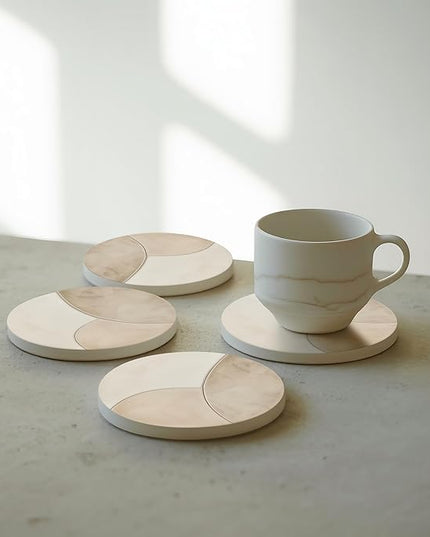 VEYRO Coasters Set of 6 for Drinks – Absorbent Ceramic Stone Drink Coasters with Cork Backing for Coffee Table & Desk, Modern Marble Look Cup Coaster Set, Housewarming Gift for New Home