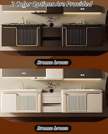 68IN Double Bathroom Vanities with Sink, Double Sink Bathroom Vanity with LED Smart Defogging Mirror and Standing Cabinet Storage | Modern Bathroom Sink, Wall Mounted Installation (Brown)