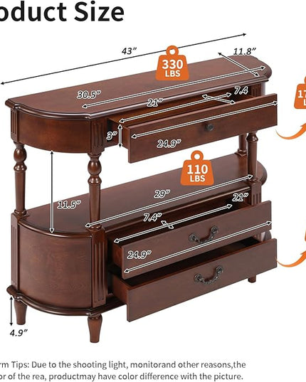 HMFULE Solid Wood Retro Curved Console Table, 43" Half Moon Console Table Sofa Table Entryway Table with 3 Drawers Open Shelf Pine Roman Legs Curved Corners for Living Room,Entryway,Hallway,Cherry