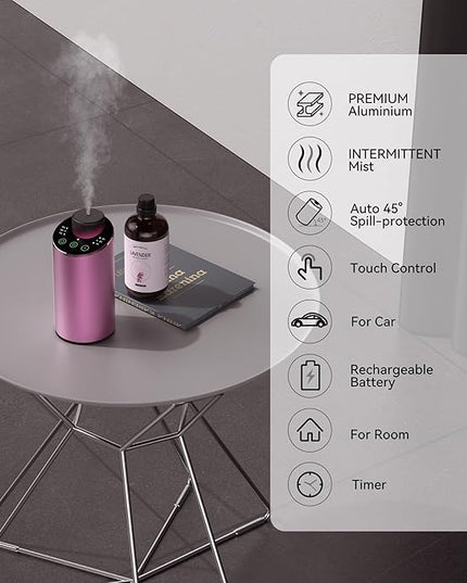 Waterless Essential Oil Diffuser Scent Aromatherapy Diffusers for Home Large Room, Car, Office, Portable Battery Operated Cordless Air Freshener, 4 Timers & 3 Mist Levels, 100ml Capacity (Pink)