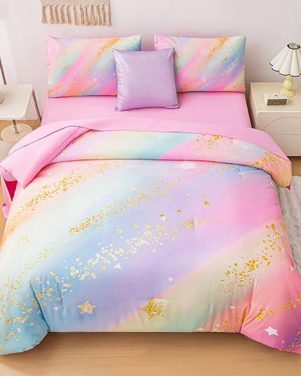 Rainbow Bedding Set Twin Size – 6-Piece Reversible Girls Comforter with Deep-Pocket Sheet, Gradient Galaxy Design, Whole-Piece Filling, Machine Washable Bed-in-a-Bag for Kids Room Makeover & Gifts