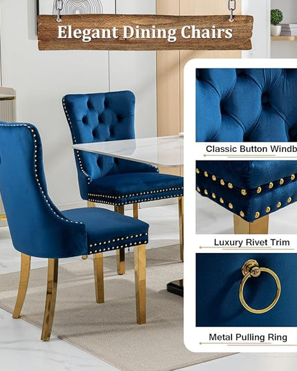 70" Modern Gold Glass Dining Table Set for 6, 7-Piece Rectangle Kitchen Dining Room Table Set with Steel Base & 6 Blue Velvet Upholstered Chairs, Modern Glass Kitchen Table and Chairs Set of 6