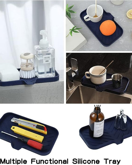 Silicone Bathroom Soap Dishes with Drain Spout-Kitchen Sink Organizer,Sponge Holder,Dish Soap Tray,Perfect for Dispenser,Scrubber,Bottle,Cup on Sink or Counter-Navy Blue 9.6"×5.3"