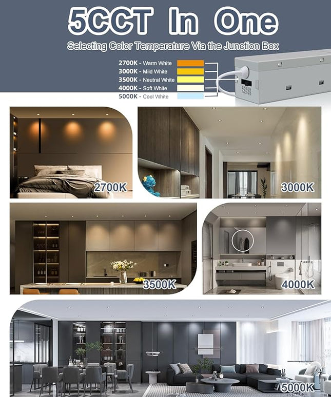 2 Inch 5CCT Anti-Glare LED Recessed Lights with Jbox, 2700K/3000K/3500K/4000K/5000K Selectable, 8W 840LM CRI90+, Dimmable Canless Downlight, Waterproof Light Fixtures, ETL & FCC（Black, 6 Pack）