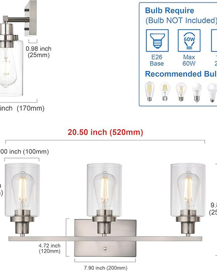 MELUCEE 3 Lights Wall Sconce Brushed Nickel Finished Modern Bathroom Vanity Light Fixtures with Clear Glass Shade Suit for Porch Bedroom Foyer Kitchen (Patent No.: US D963914 S)