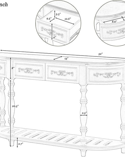 HMFULE Retro Curved Console Table, 52" Solid Wood Half Moon Console Table Sofa Table with 4 Drawers 1 Open Shelf for Living Room,Entryway,Hallway,Black