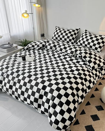 CLOTHKNOW Black White Plaid Full Size Comforter Sets 3Pcs Grid Bedding Comforter Sets Black White Comforter Soft Checkered Comforter with 2 x Pillow Cases