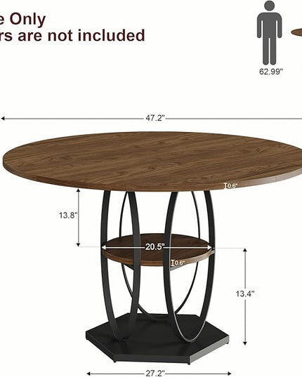 Round Dining Table for 4-6, 3-Tier Dinner Room Tables with Storage Shelf, Space Saving Small Kitchen Table, Farmhouse Dinner Table with Wooden Tabletop and Hexagonal Base (Walnut, 47inch)